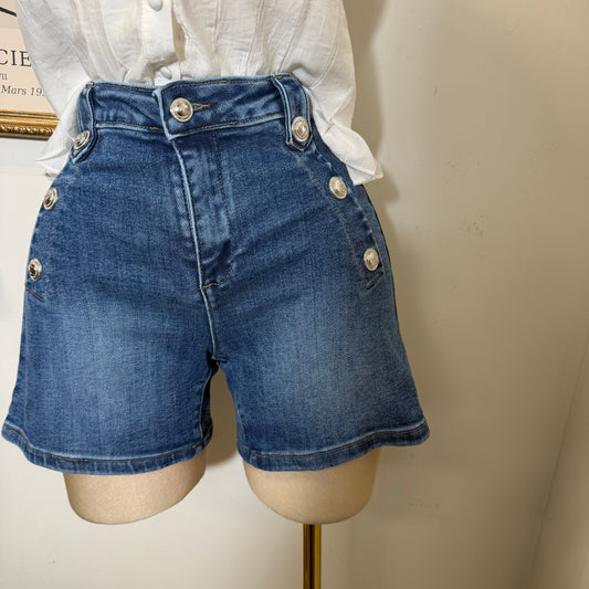 High Waisted Shorts Silver Button-Medium Wash