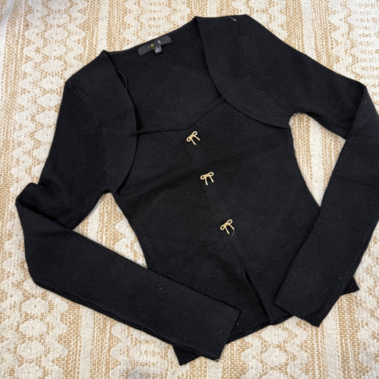 Square Neck Ribbon Trim Sweater Top-Black