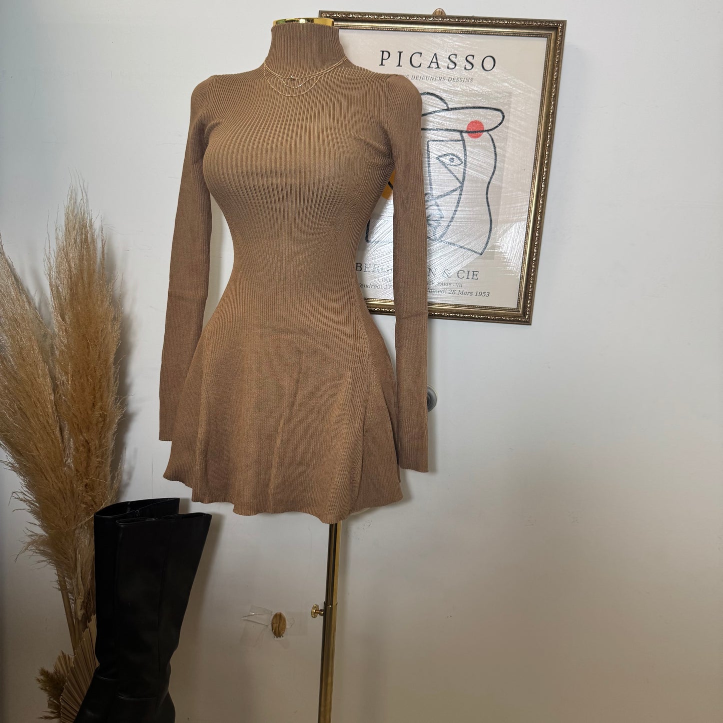 Long Sleeve Sweater Dress-Mocha