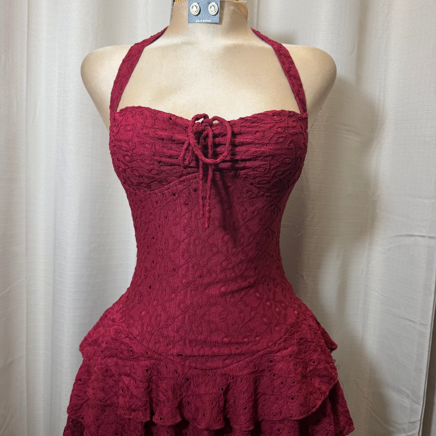 Eyelet halter neck Tiered Ruffle Mini Dress-Burgundy