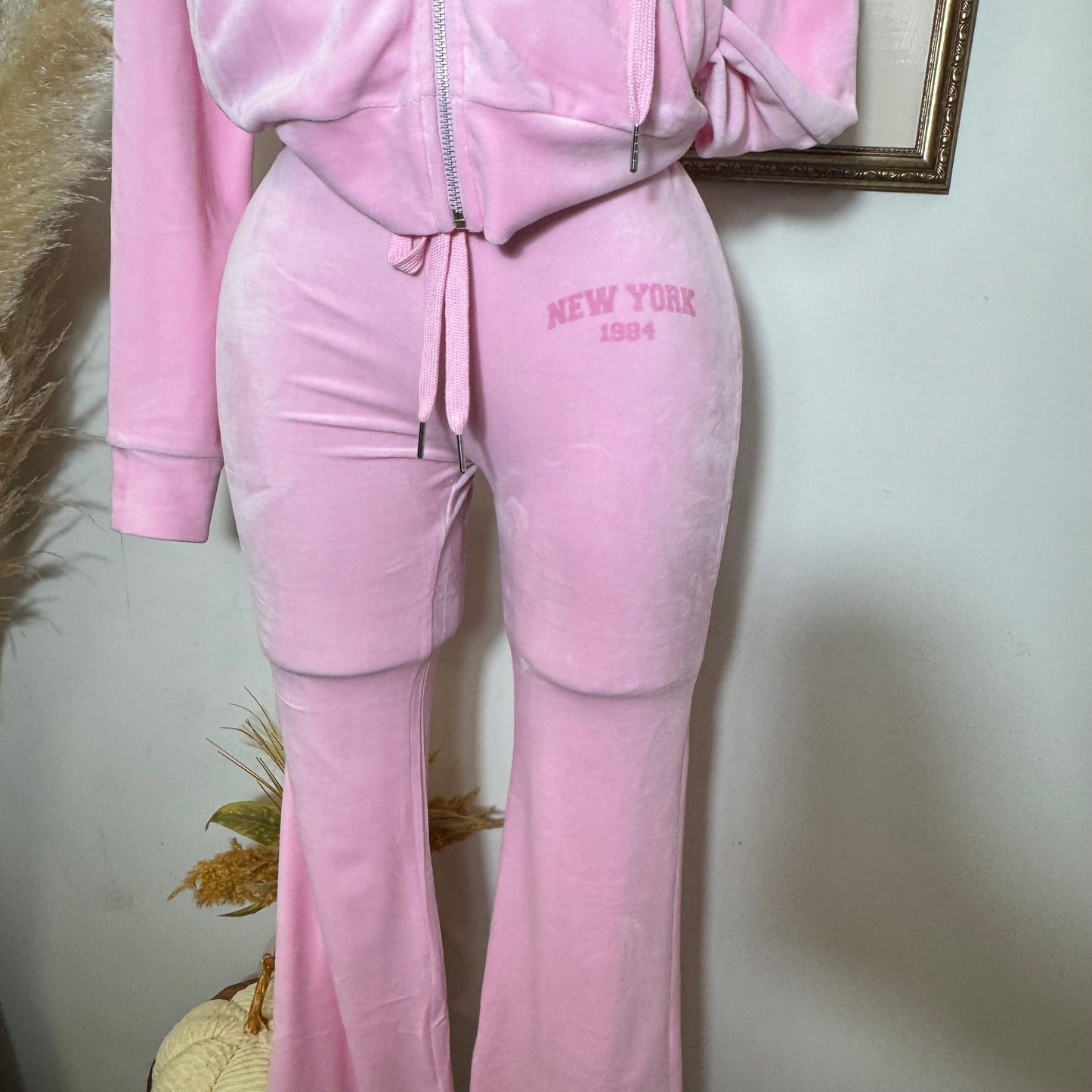 Print Hoodie Jacket and Pants Velour Set-Pink