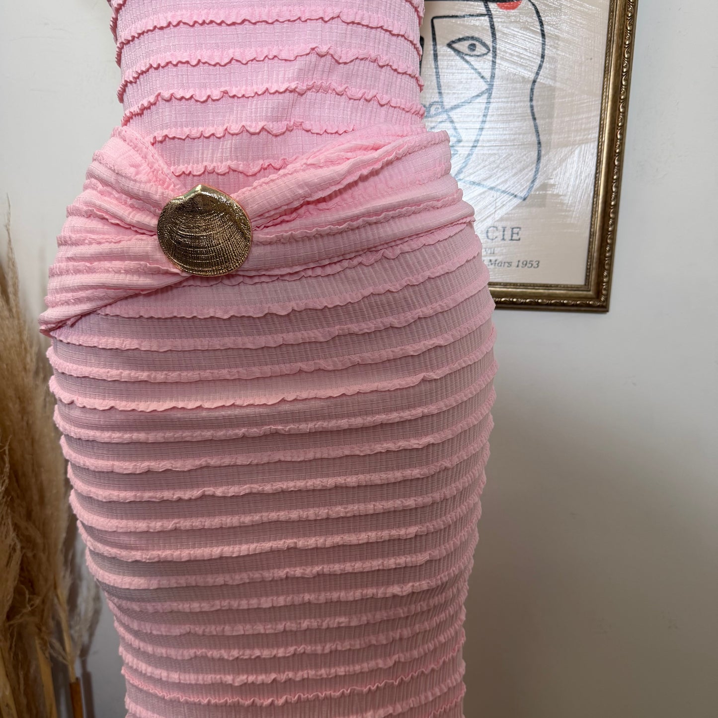 Textured Solid Off shoulder Maxi dress-Pink