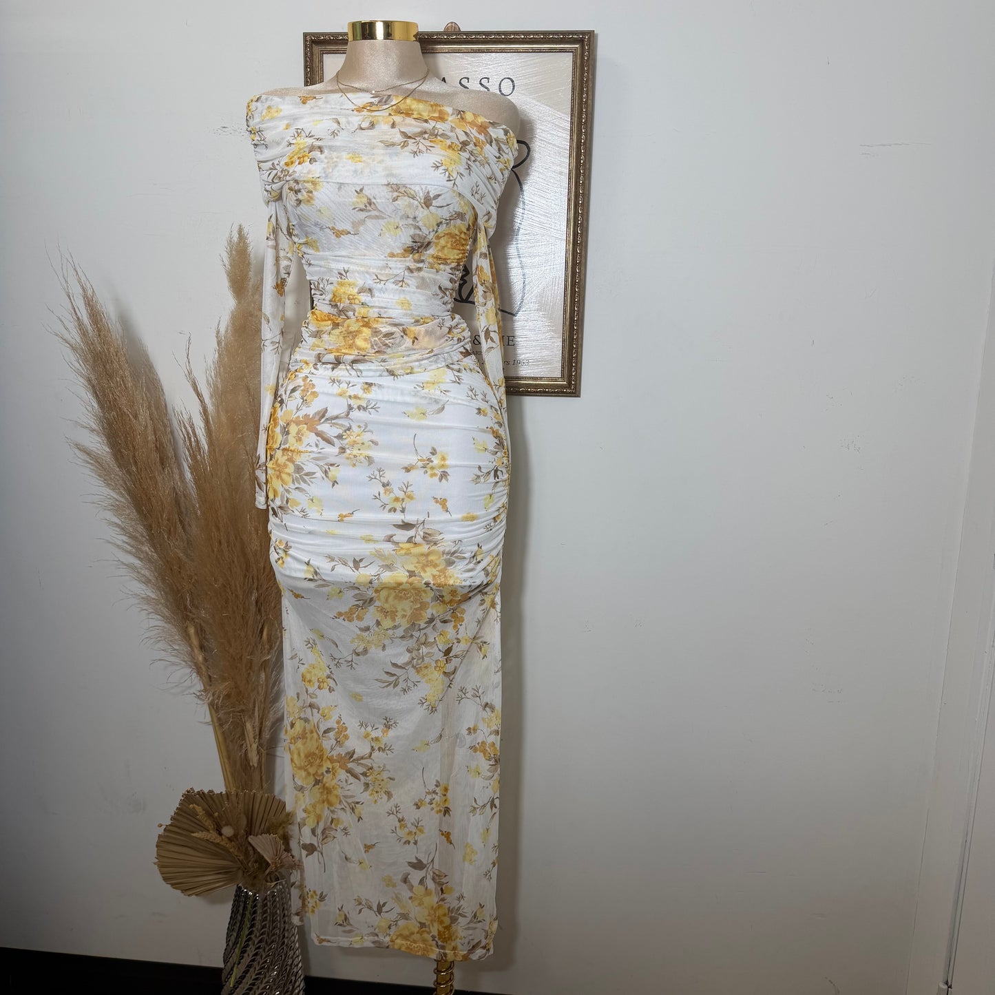 Off shoulder printed Mesh Top and ruched Maxi Skirt Set-Yellow Print