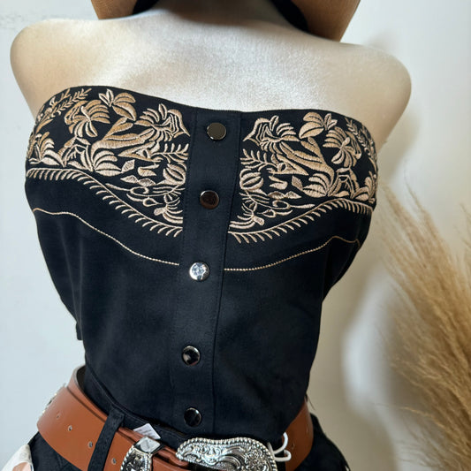 Suede Embroidered Crop Top-Black/Camel