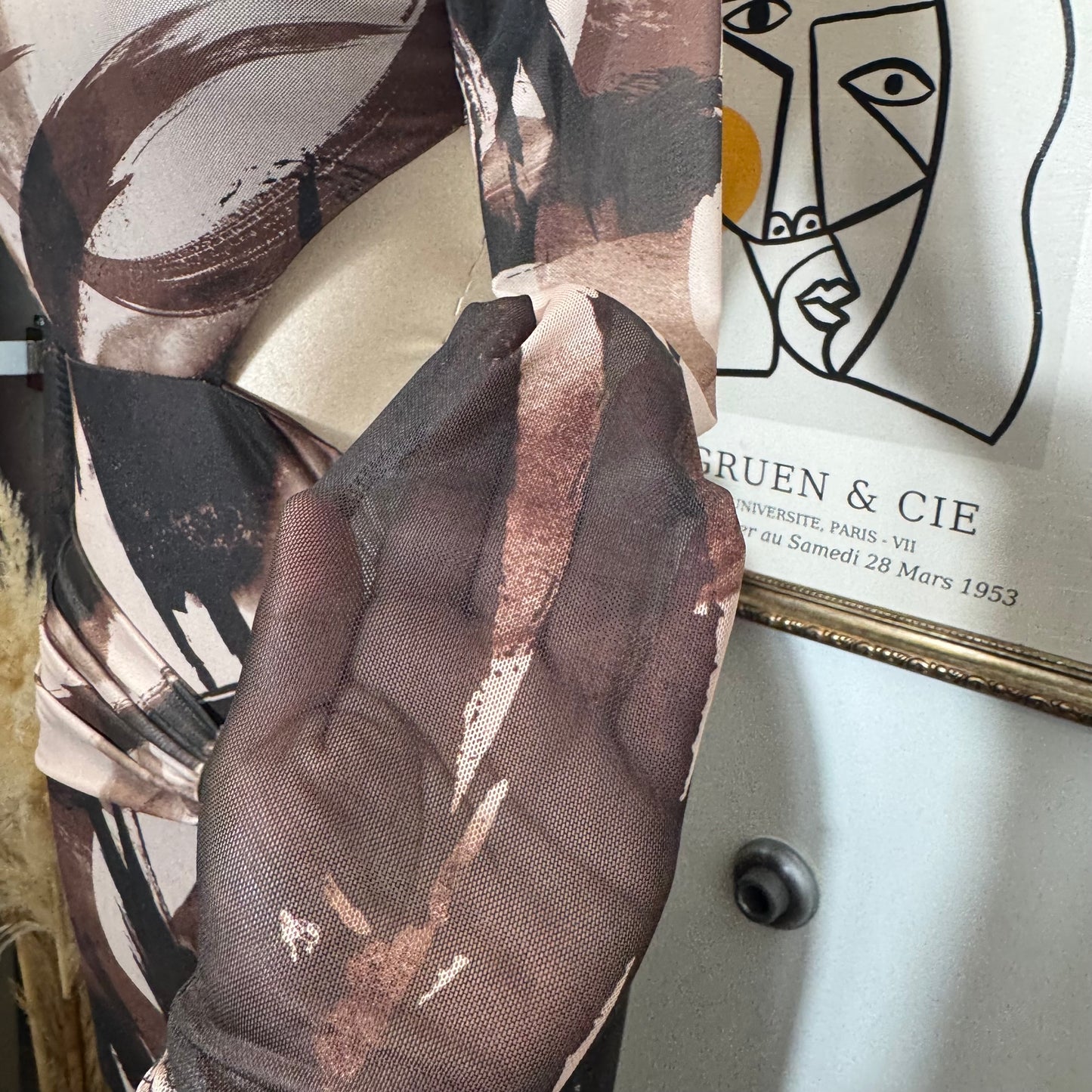 Multi Colored Front Sash Mock Neck Midi Dress-Brown