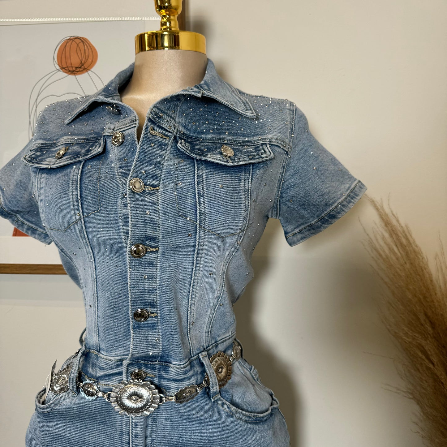 Rhinestone Denim Dress-Blue