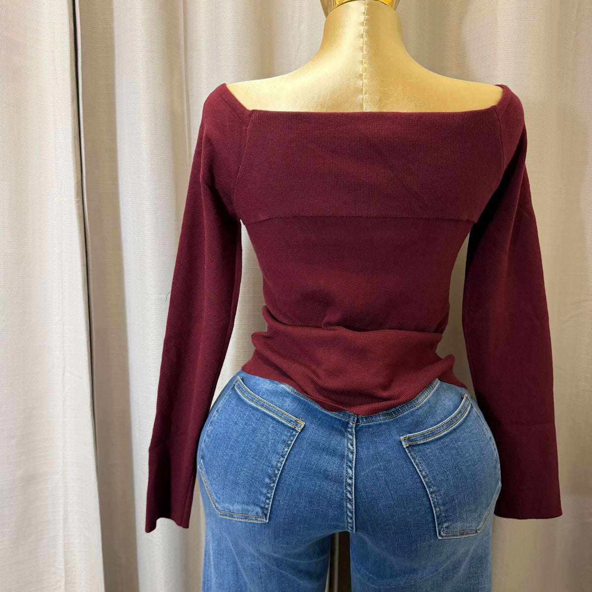 PL-Off Shoulder Sweater Top-Burgundy