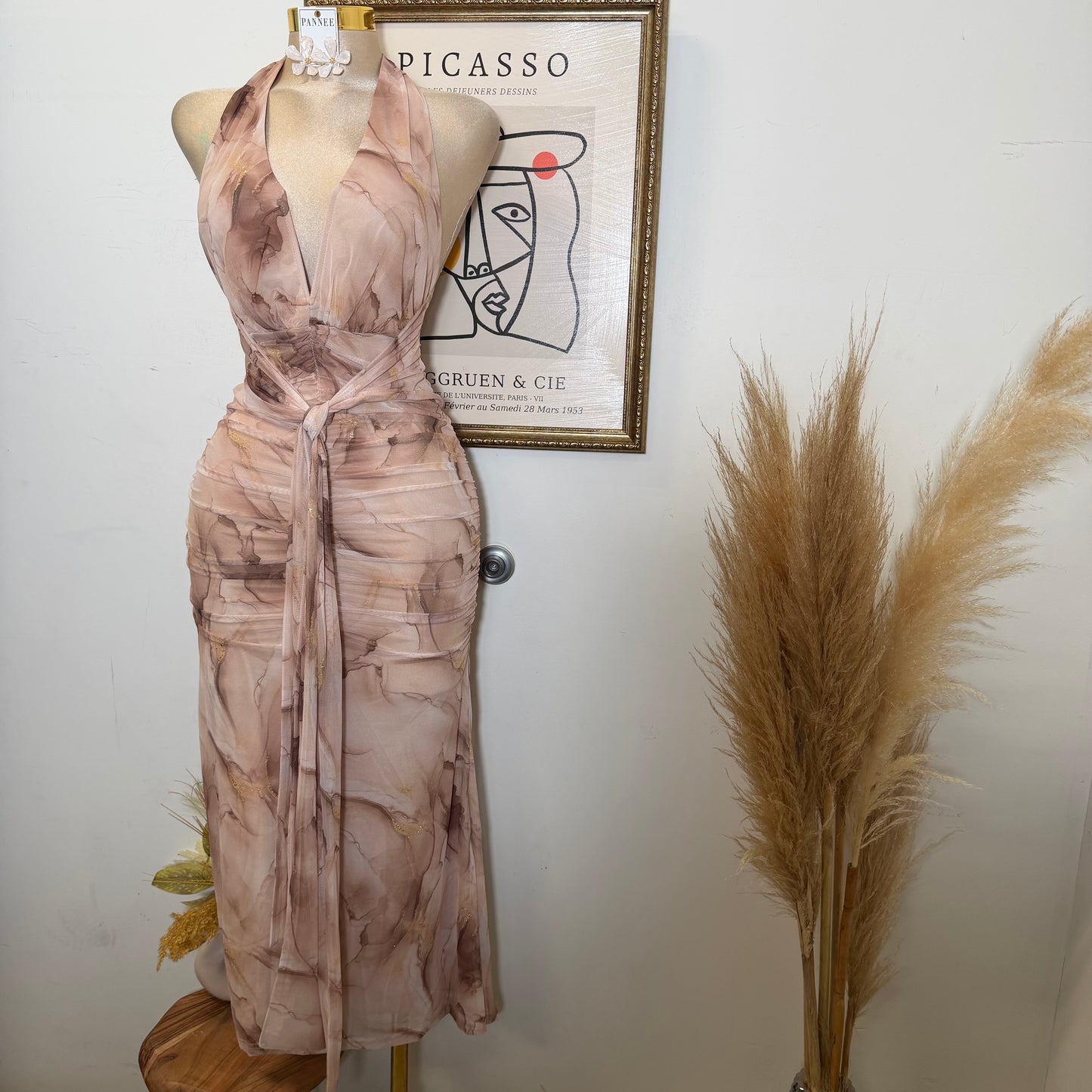 Metallic Mesh Print Maxi Dress with Front Sash-Cappuccino
