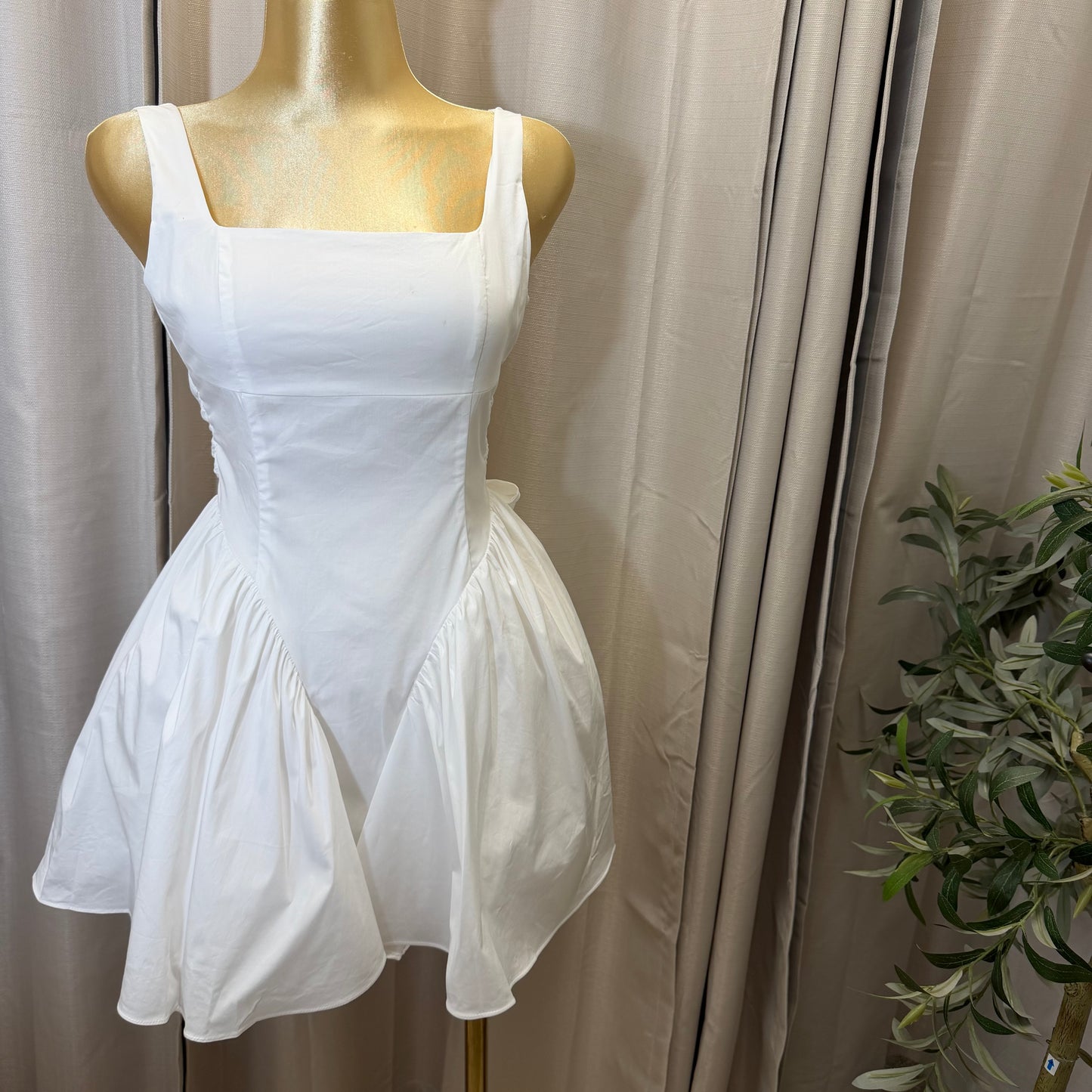 Poplin Back Ribbon Mini Dress-White