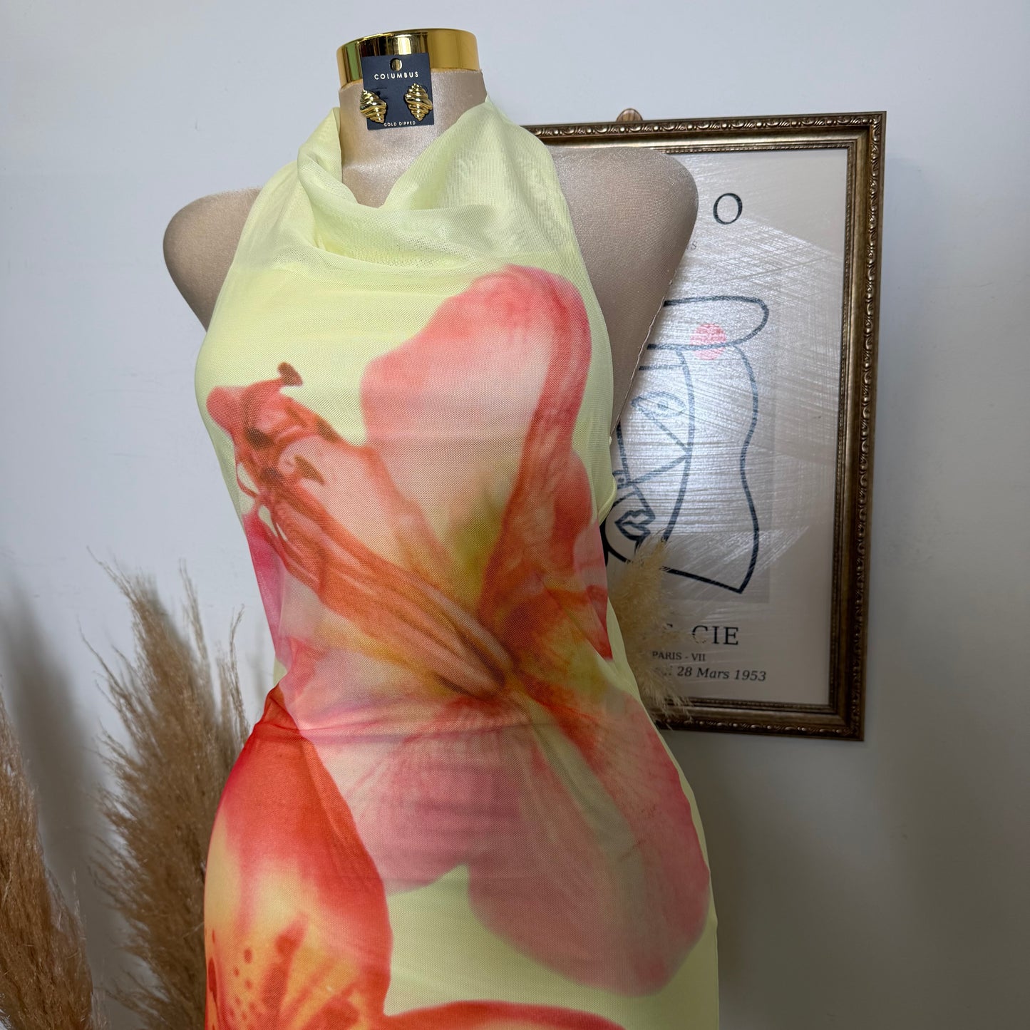 Mesh Tropical Floral Print Halter Neck Button Tie Midi Dress-Yellow