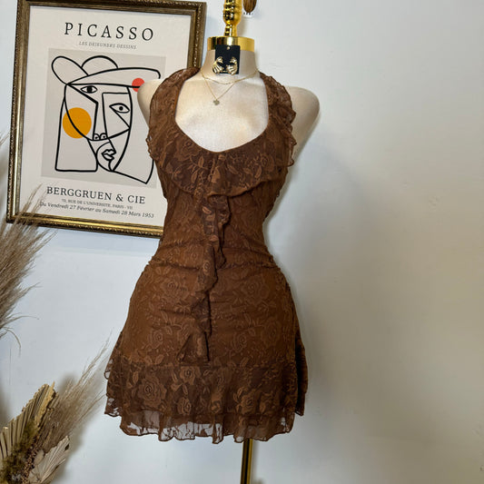 Amy Lace Halter Dress-Brown