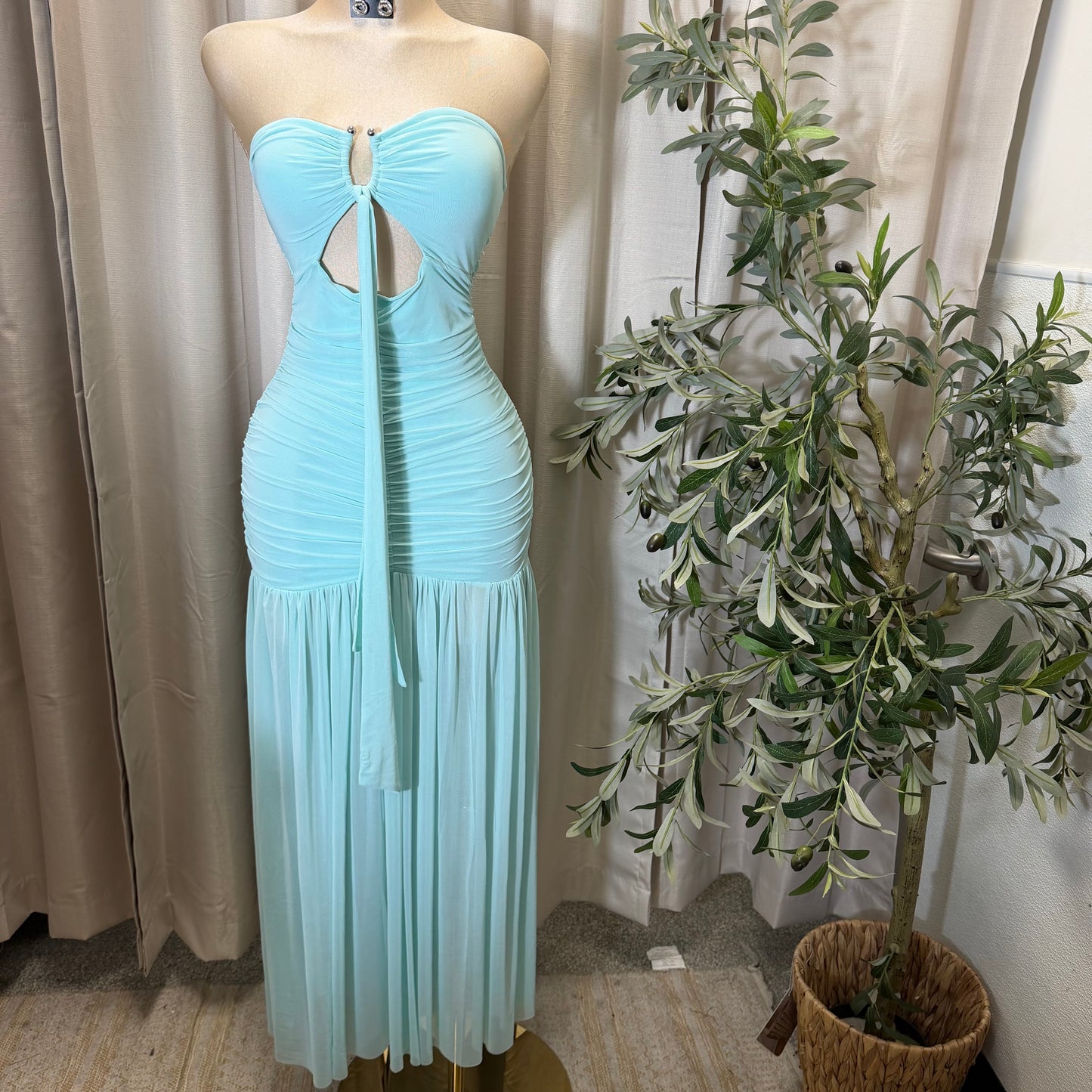 Tube Mesh Maxi Dress With front keyhole and tie Detail-Aqua