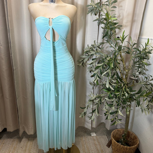 Tube Mesh Maxi Dress With front keyhole and tie Detail-Aqua