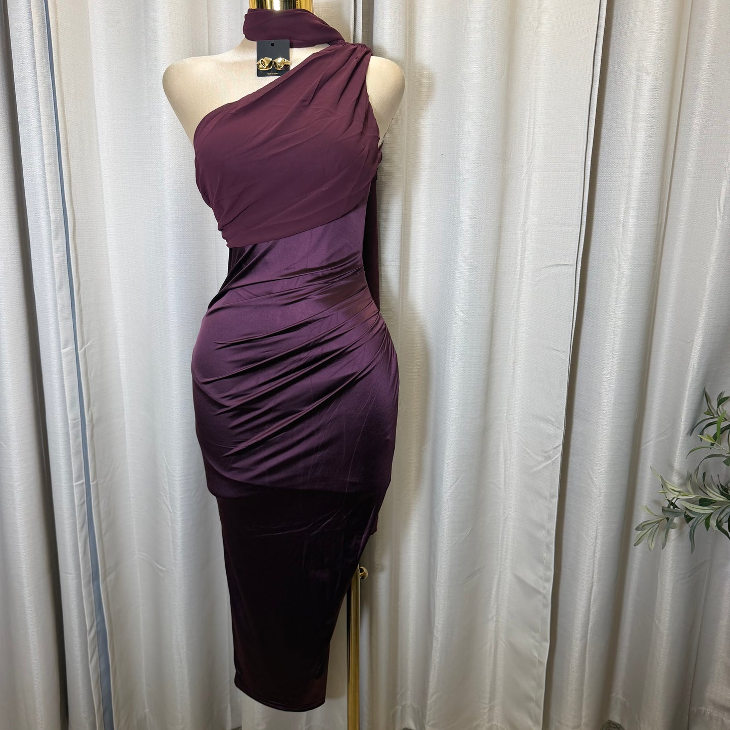 Pearl Satin with Chiffon Sash one Shoulder Dress-Plum
