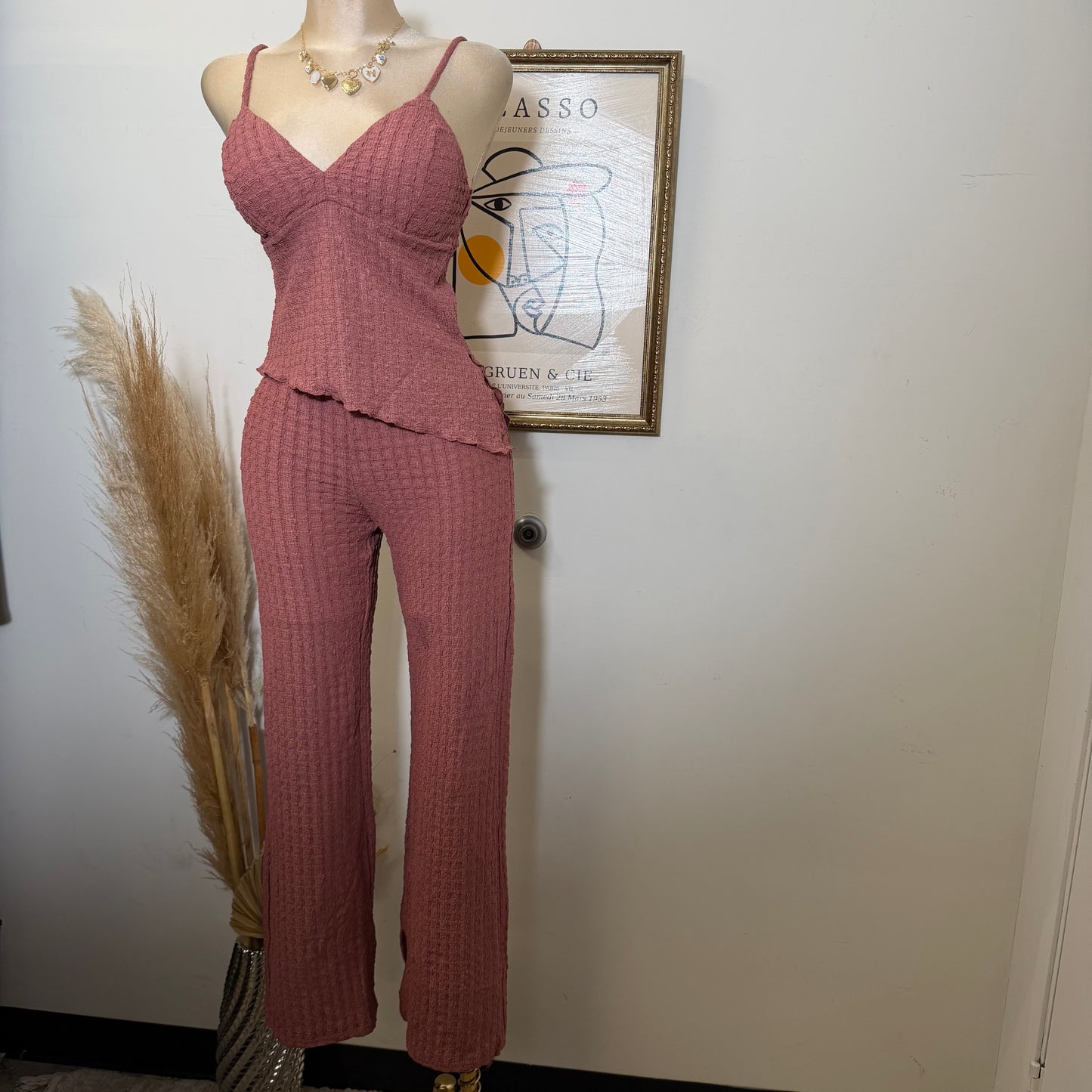 Merrow Asymmetric Hem Top and Pant Set-Marsala