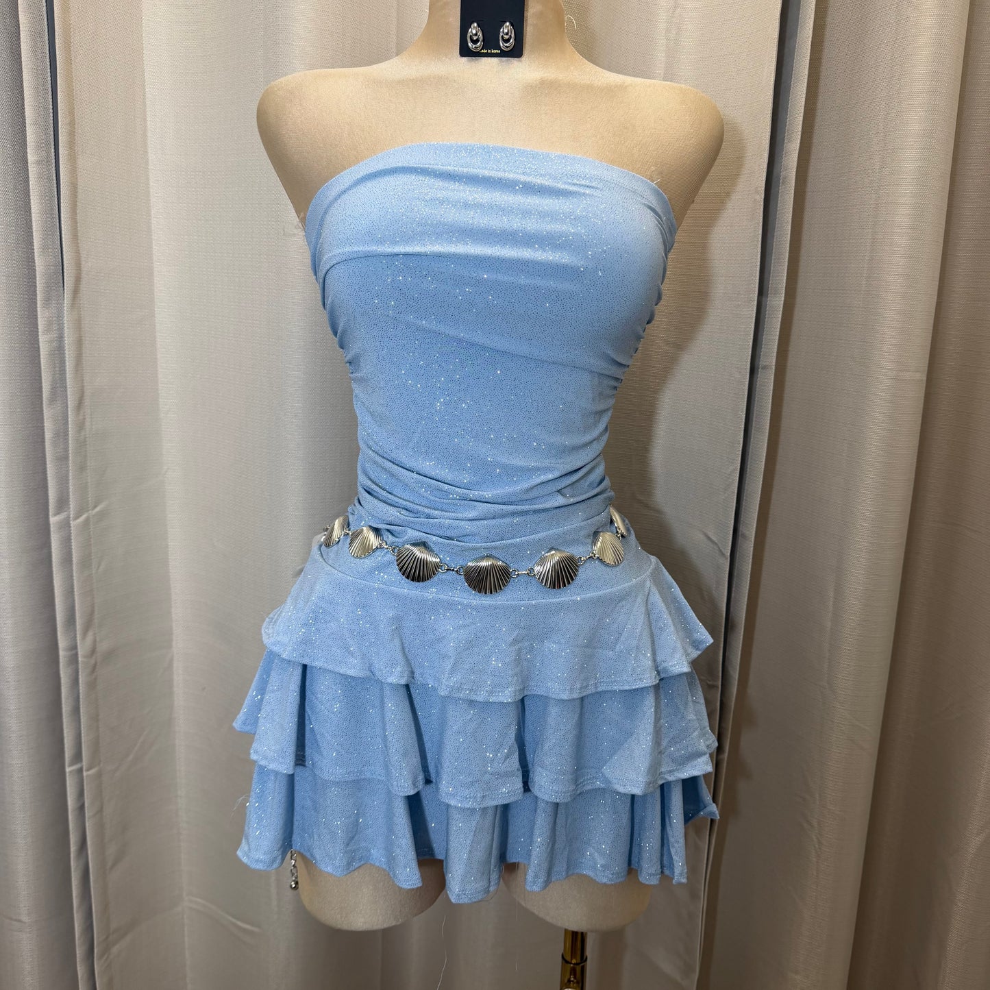 Glitter Strapless Tube Flare Dress-Blu