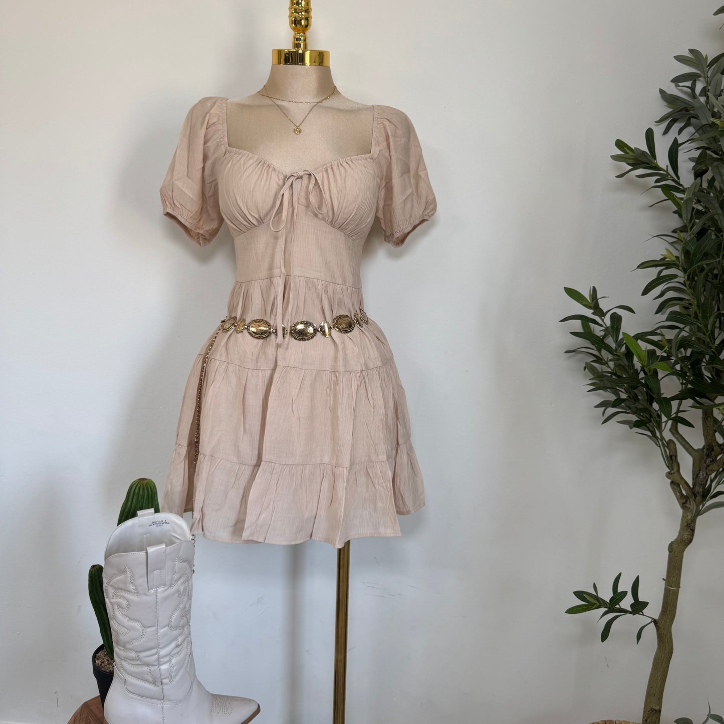 Puff Sleeve Tiered Mini Dress-Cream