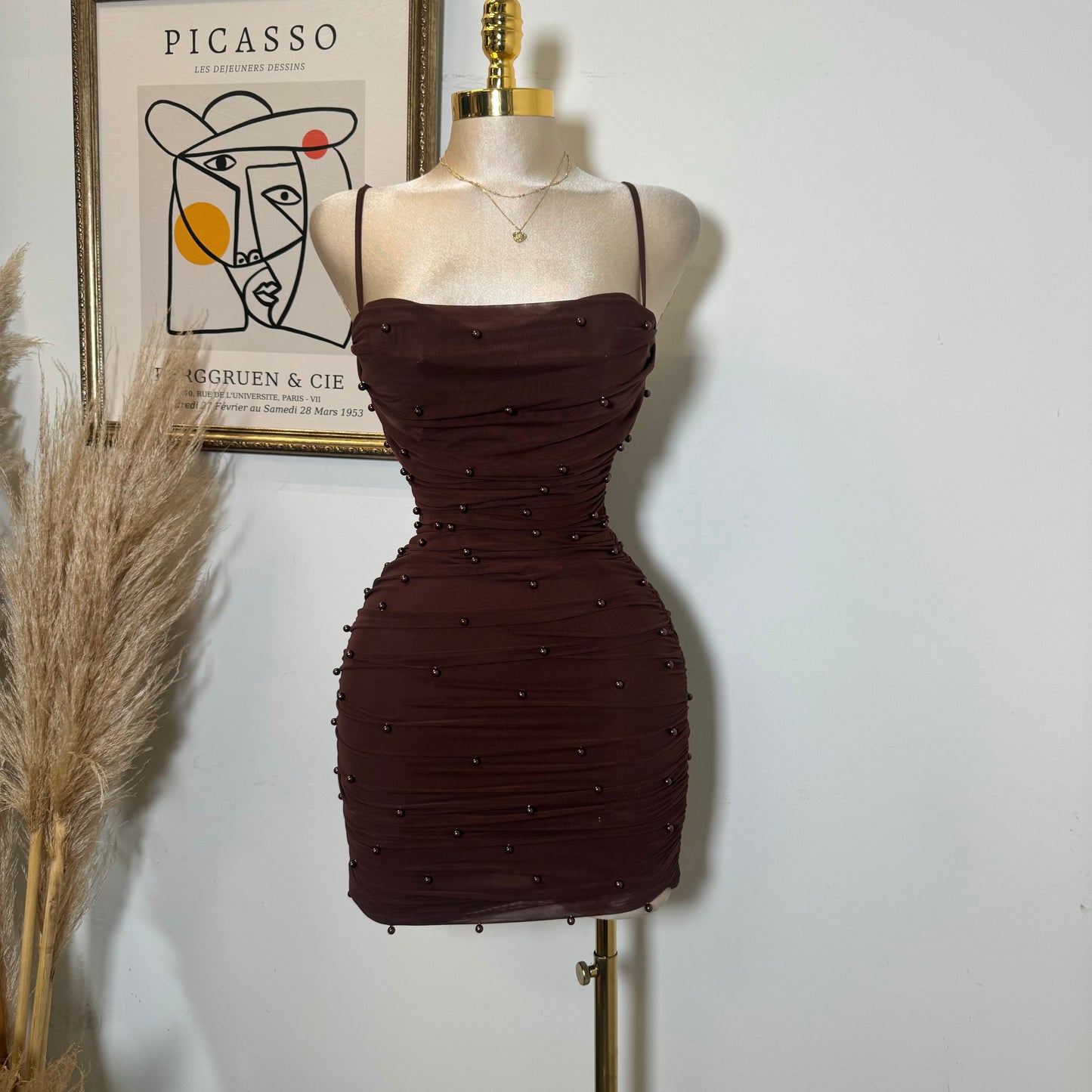 Pearl Mesh Ruched Sleeveless Mini Dress-Brown