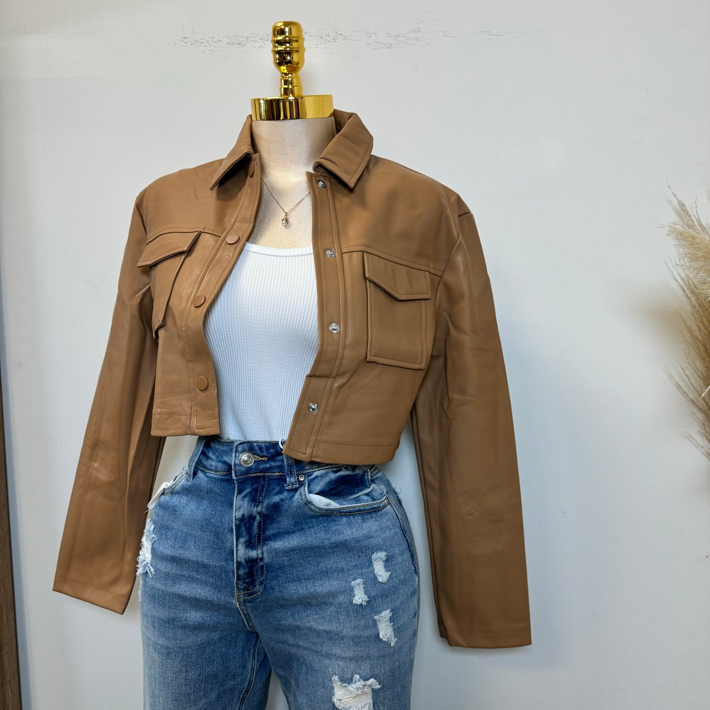 Lulú PU Leather Cropped Jacket -Brown