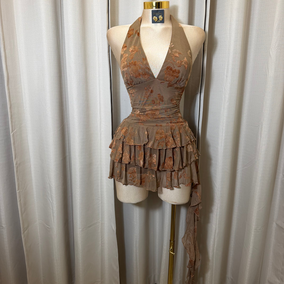 Floral Halter Double Layer Ruffle Mini Dress-Brown