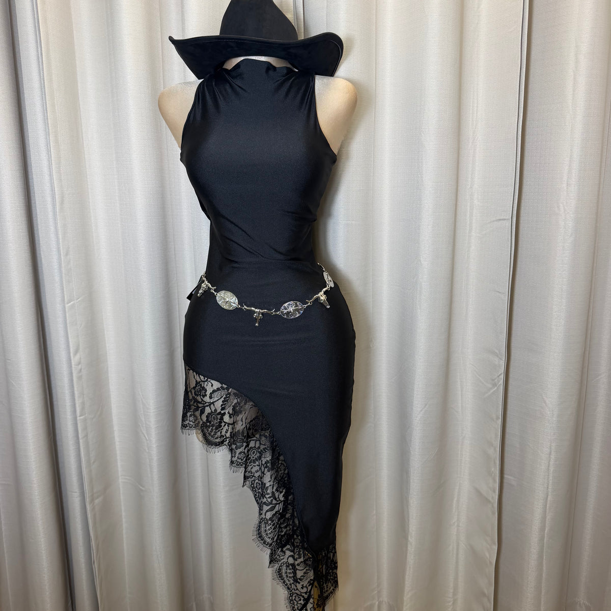 Mock neck Asymmetrical lace Detail Dress-Black