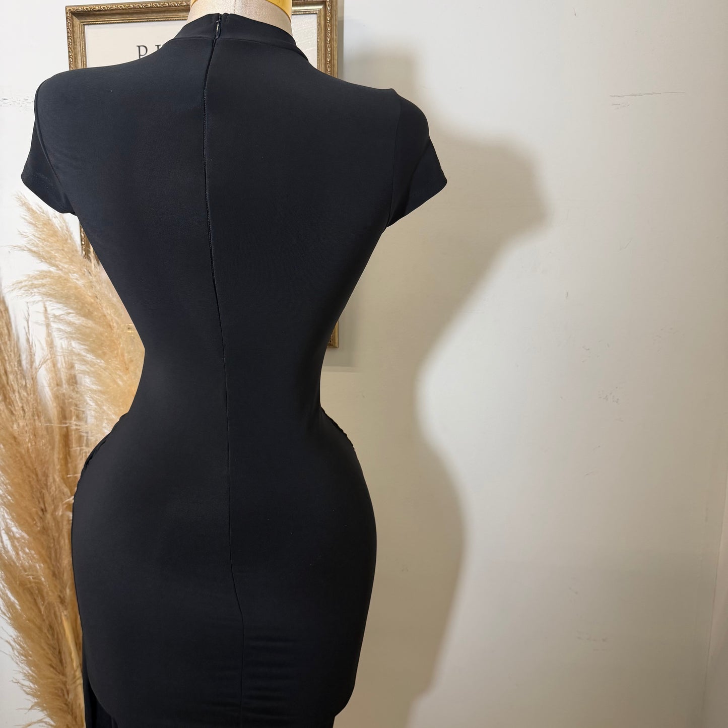 Shelf Gold Trim with Sash Detail Midi Dress-Black