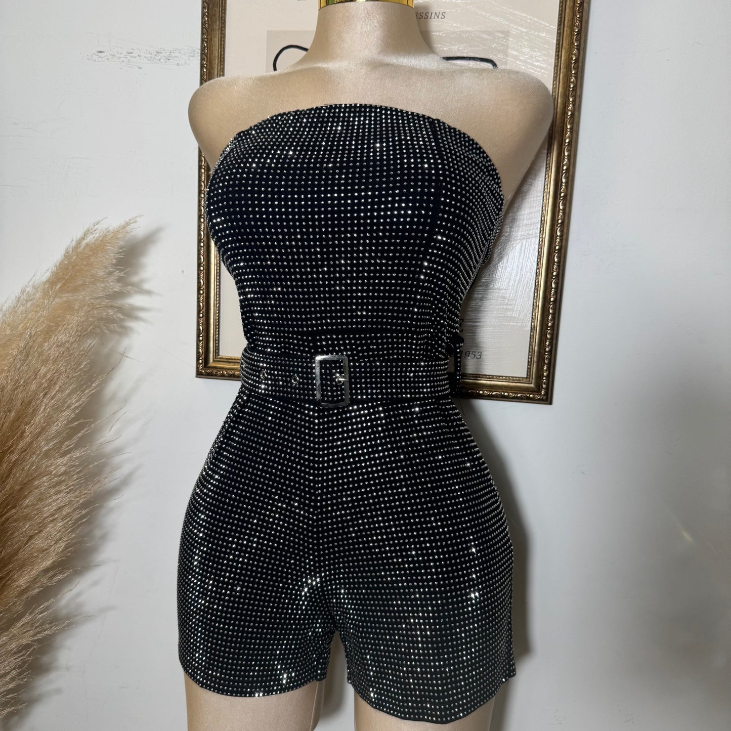 Strapless Rhinestone Romper With Belt-Black