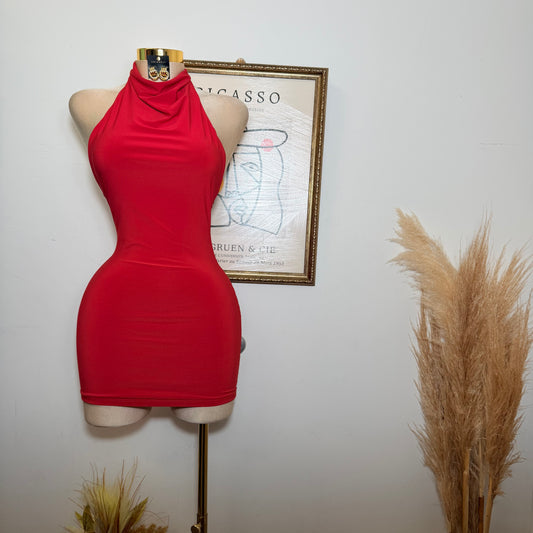 Sleeveless Halter Cowl Neckline Mini Dress-Red