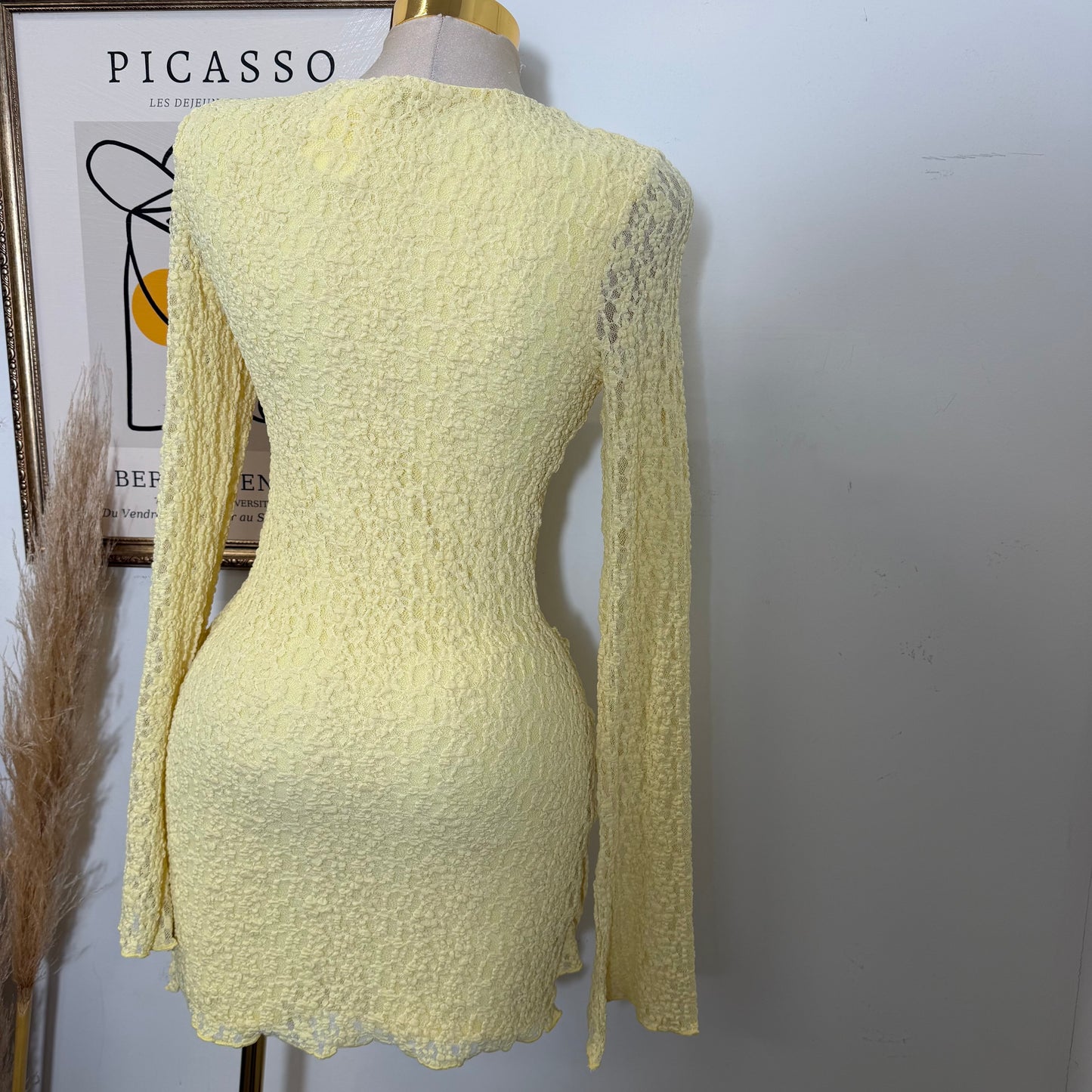 Long Sleeve Gold Detail Dress-Butter Yellow