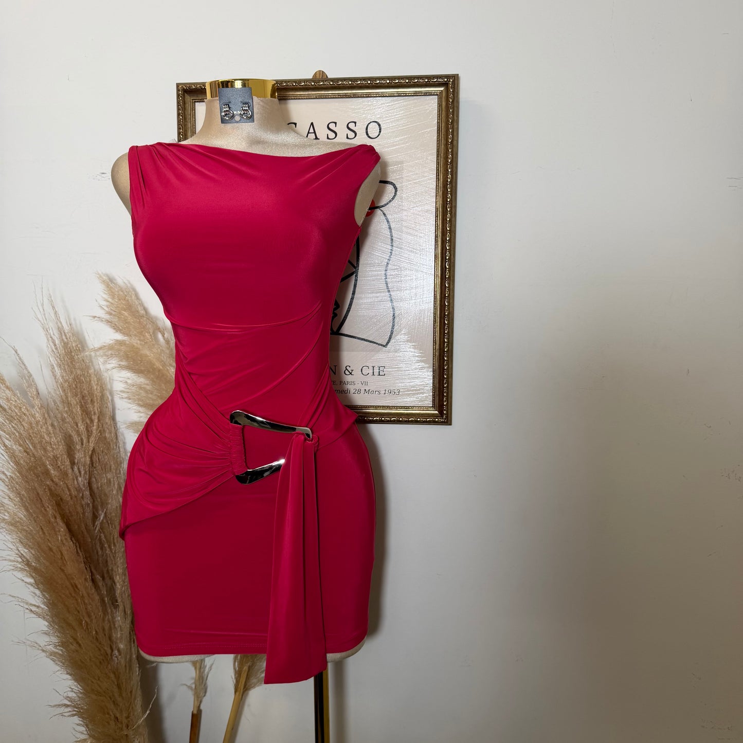 Halter Drape Trim Detail Mini Dress-Red