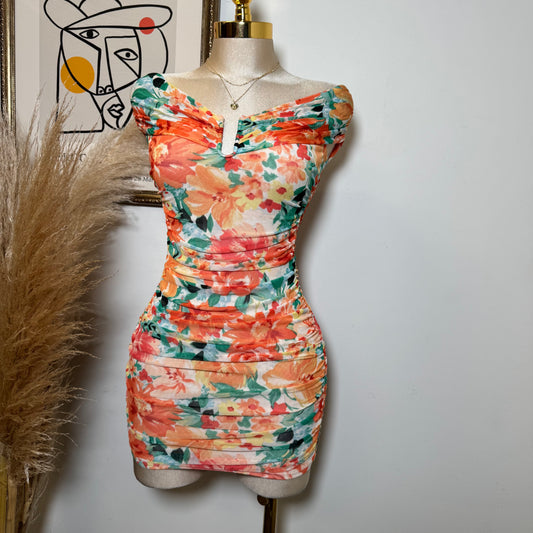 Off Shoulder Wire Inset Ruching -Orange