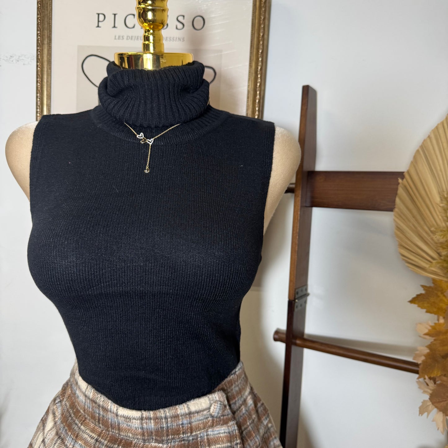 Sleeveless Turtle Neck Sweater Top-Black