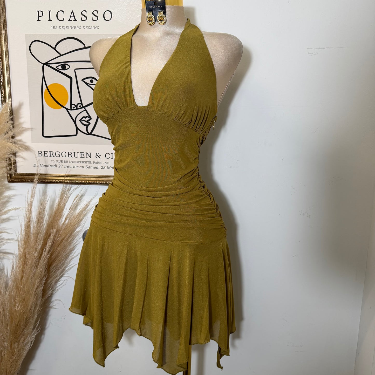 Halter Neck Ruched Waist Asymmetrical Hem Mini Dress-Marigold