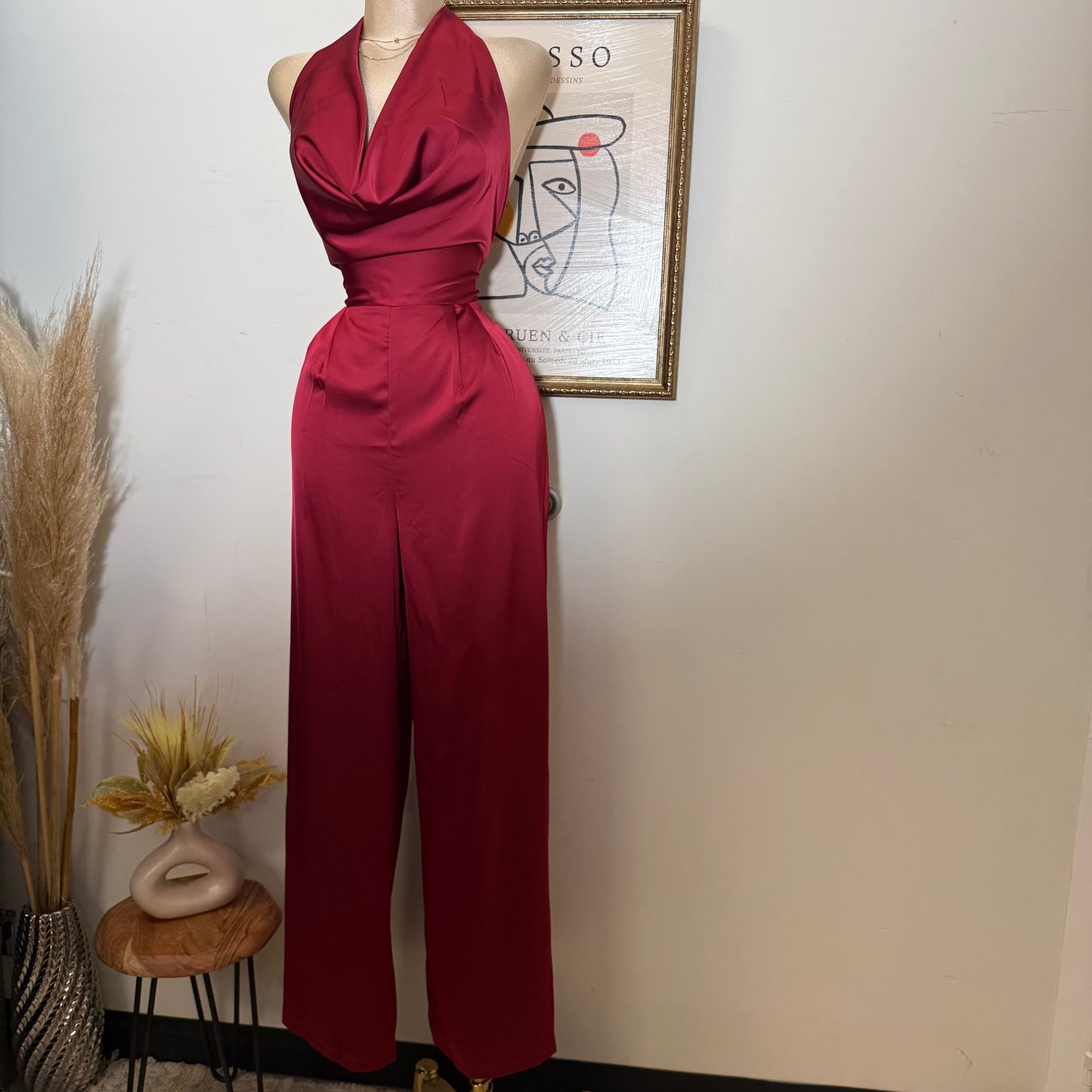 Cowl Halter Neck Wide Leg Jumpsuit-Red
