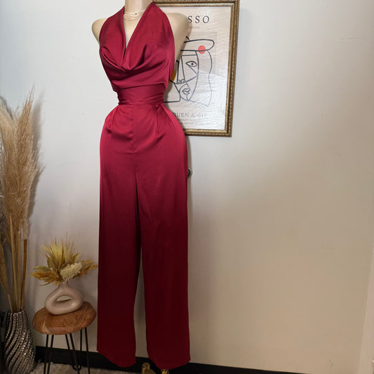 Cowl Halter Neck Wide Leg Jumpsuit-Red