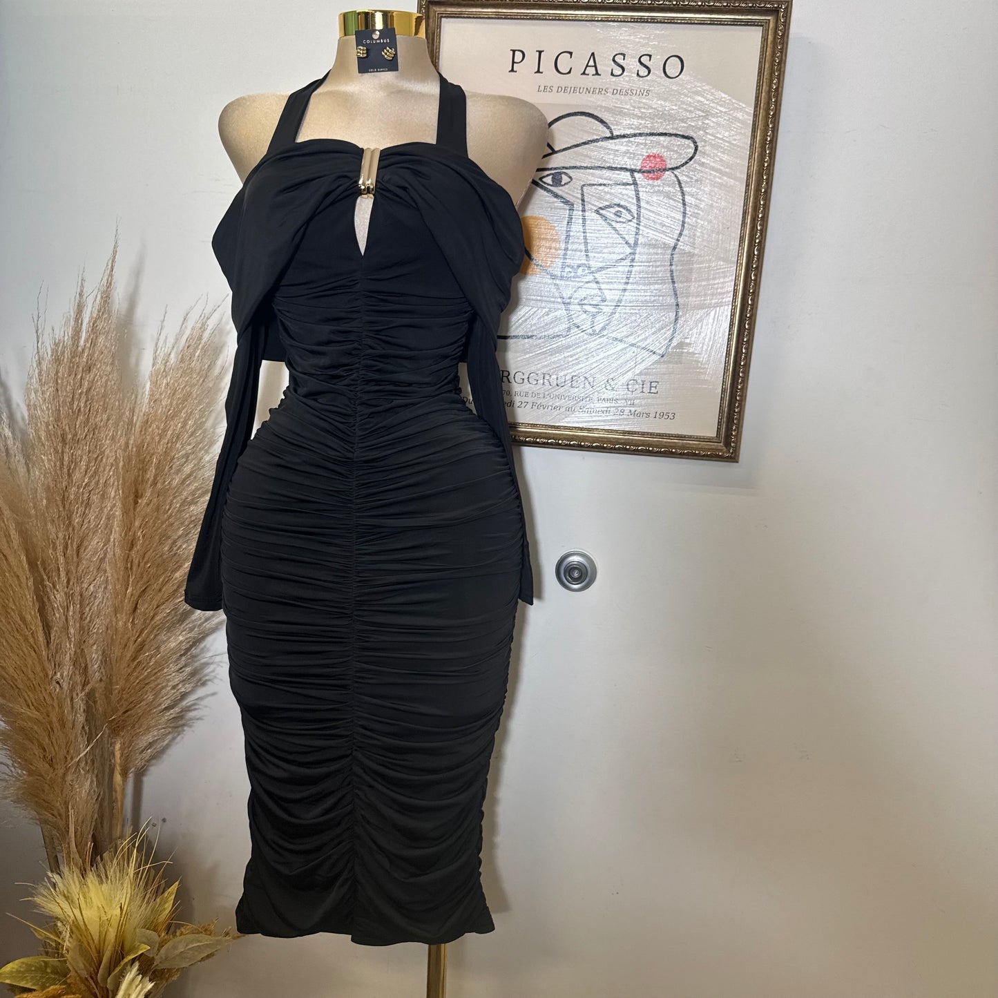 Off shoulder Long Sleeve Halter Midi Dress-Black