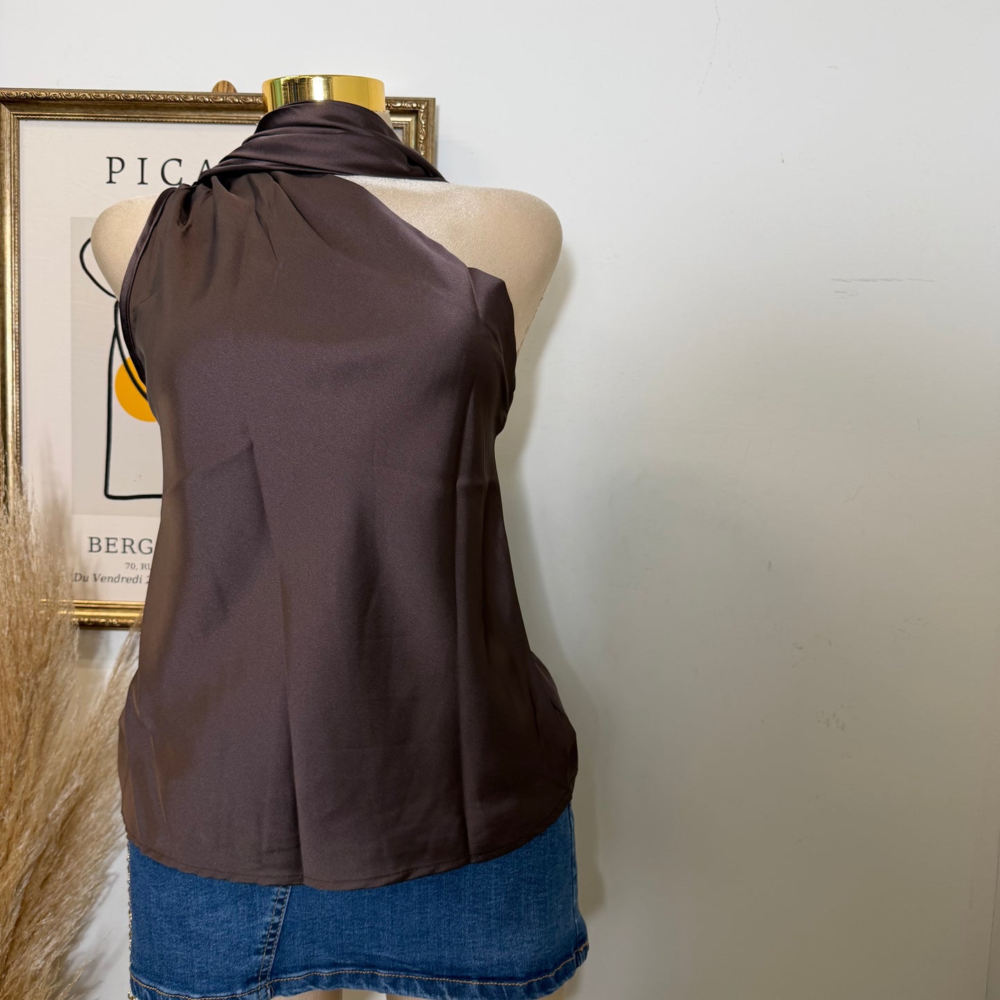 One Shoulder Satin Top w/ Scarf Detail-Brown
