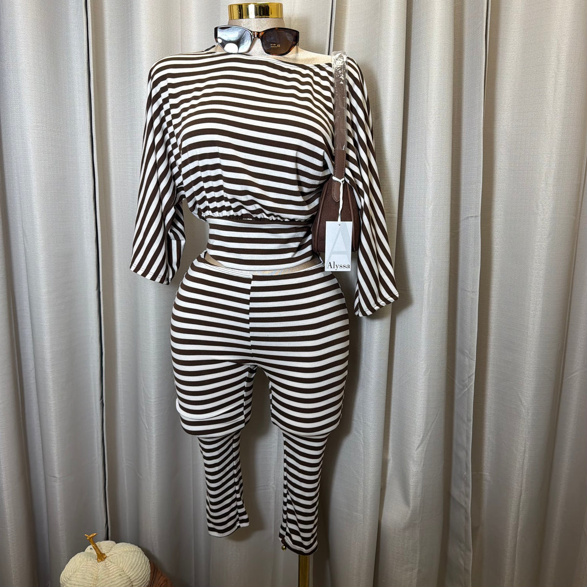 Crop Top Capri stripe set-Chestnut/Off white