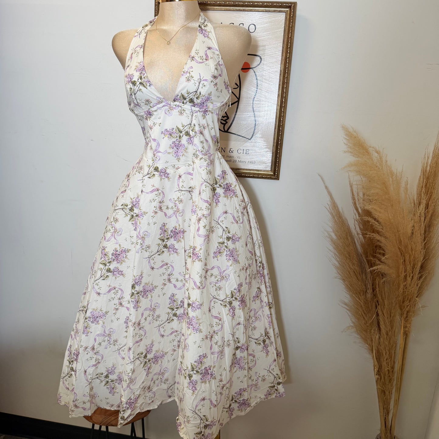 Ribbon Print Fabric Halter Corset Midi Dress-Lavender