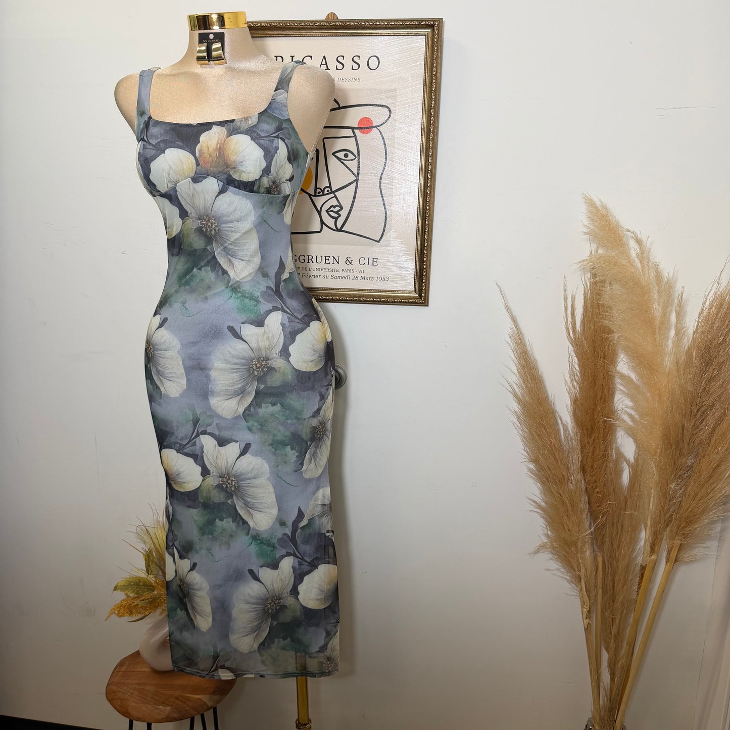 Mesh Print Midi Dress Flower Dress-Green