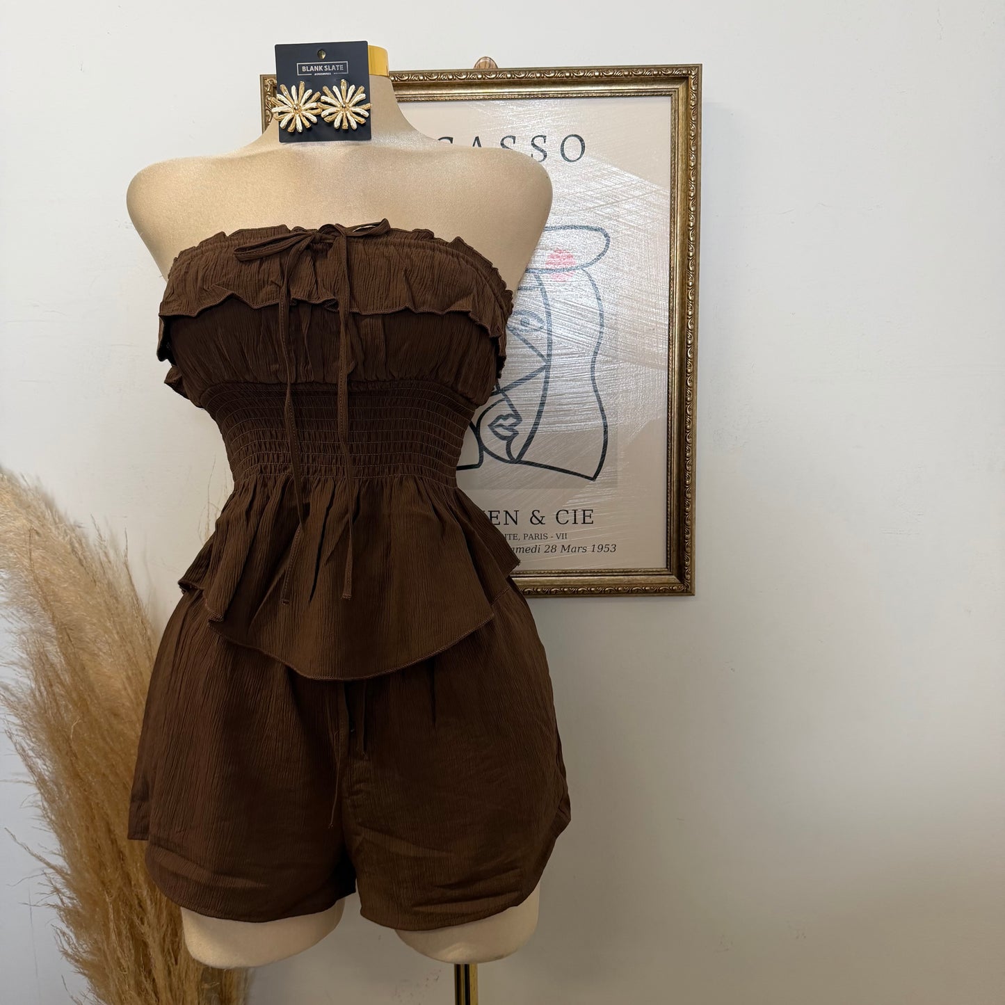 Smocked Tube Top Shorts Two piece set-Choco