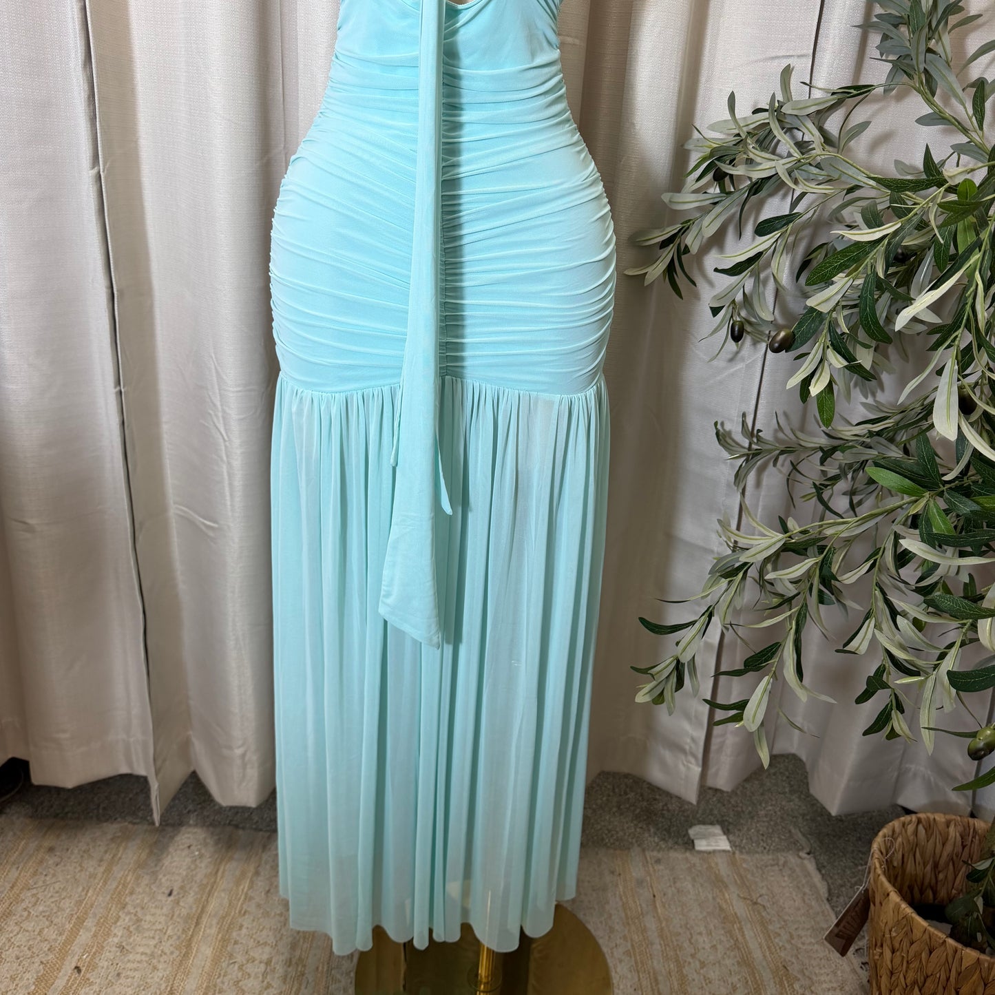Tube Mesh Maxi Dress With front keyhole and tie Detail-Aqua