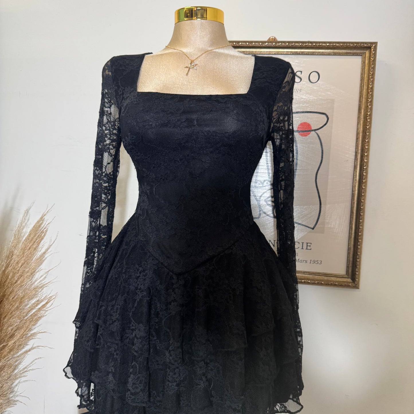 Lace Long Sleeve Ruffle Layered Mini Dress-Black