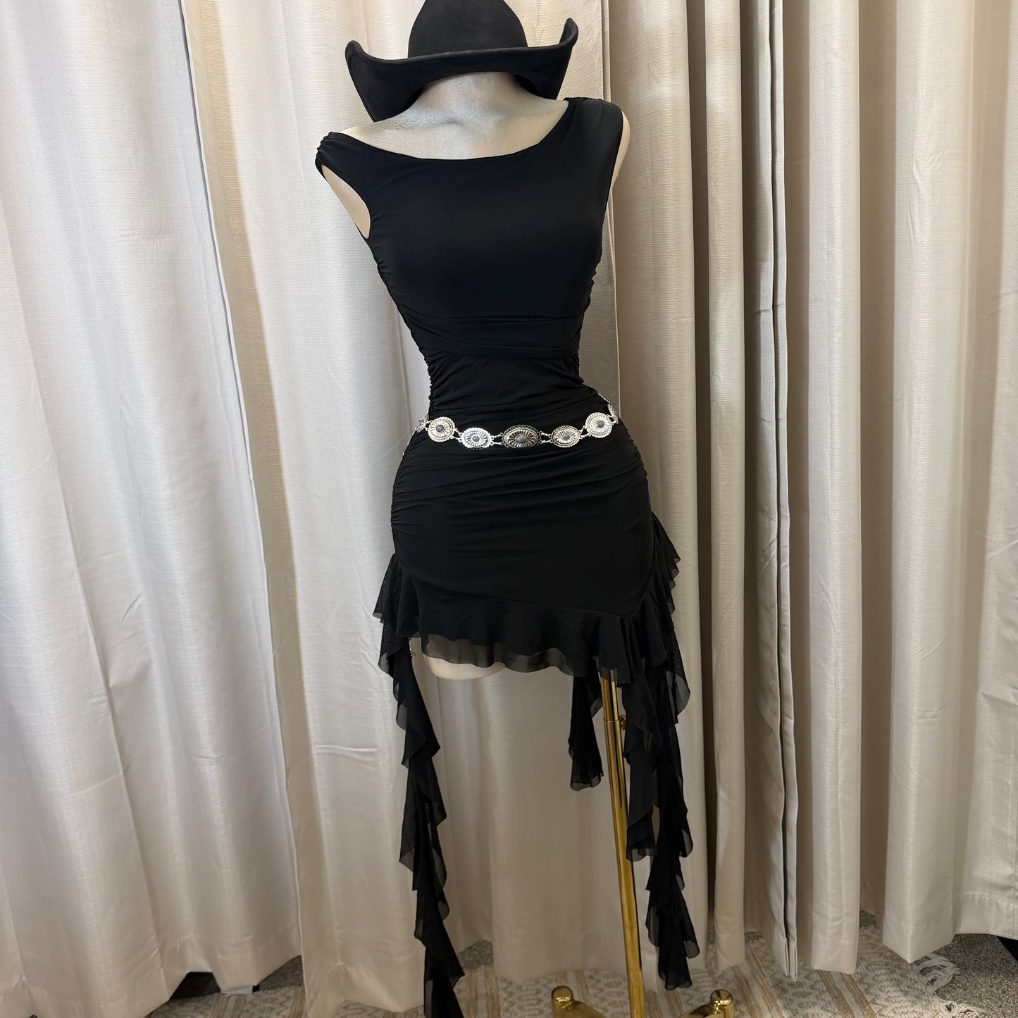 Off shoulder Dress with flowing Detail-Black