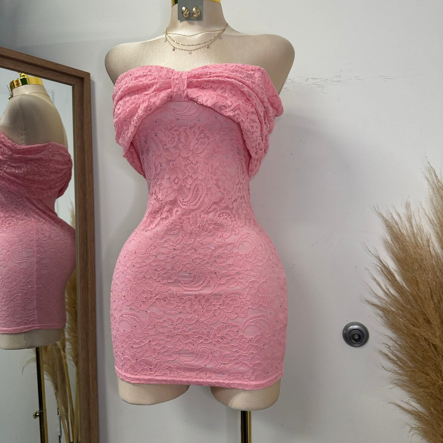 Bow Lace Rhinestone Dress-Pink