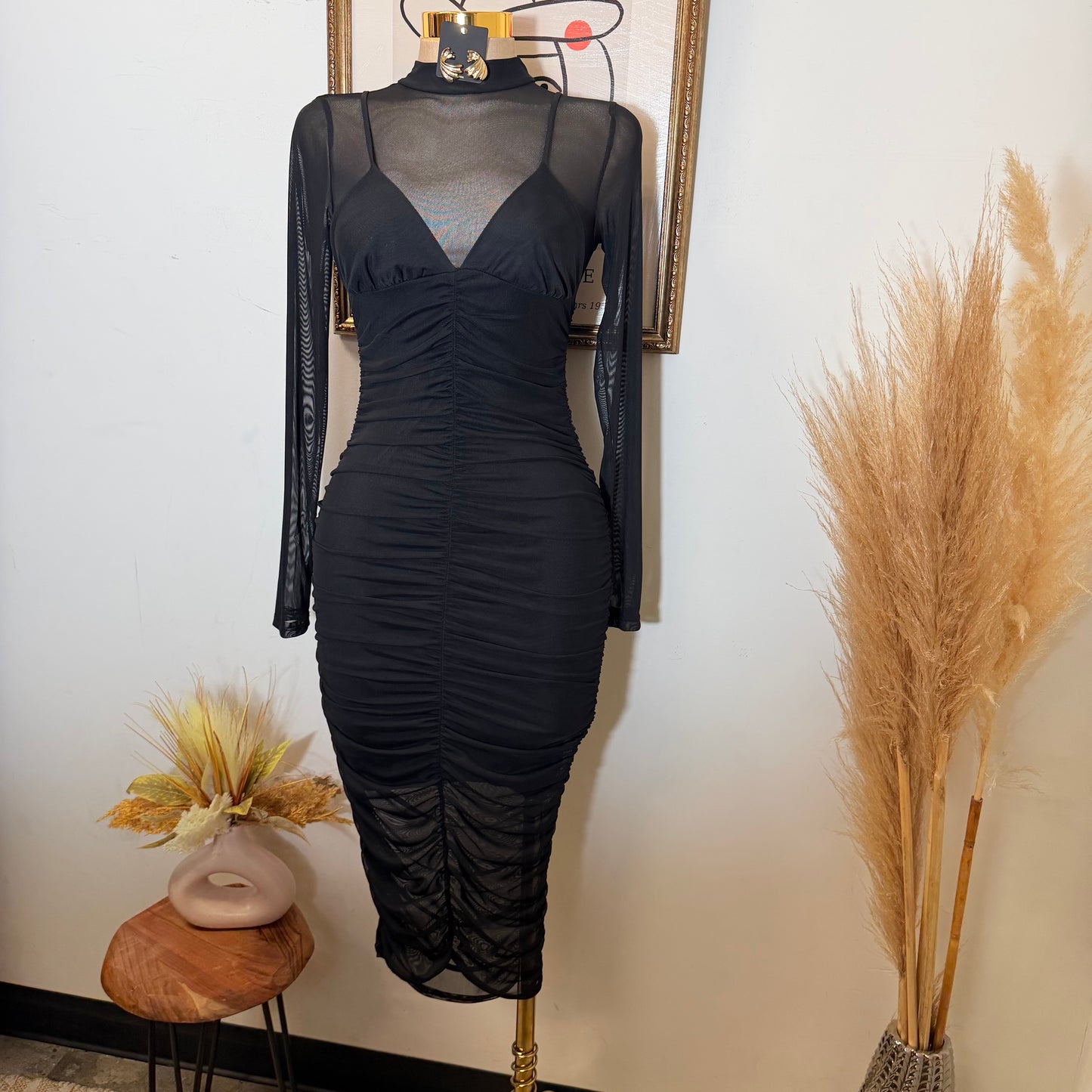 Mesh Side Shirring Midi Dress-Black