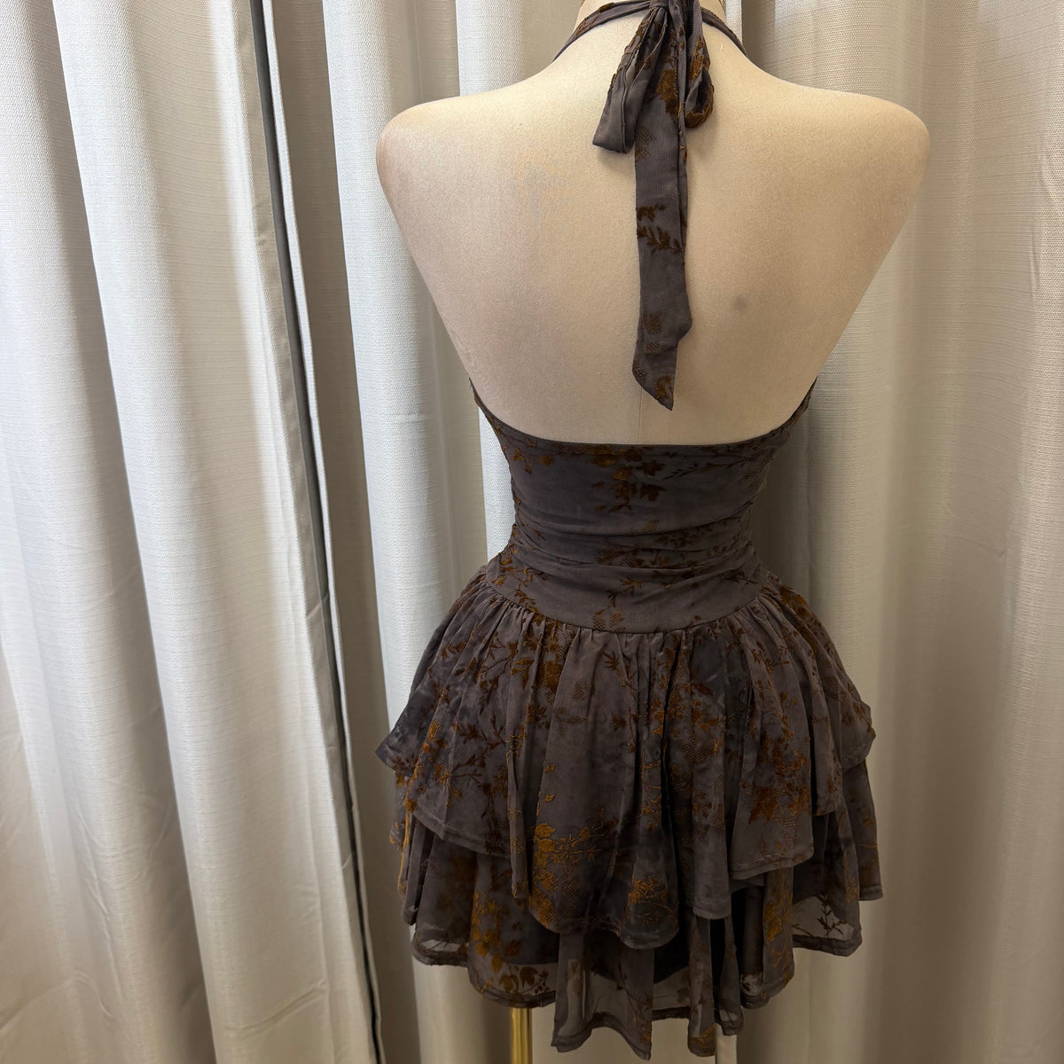 Floral Halter Double Layer Ruffle Mini Dress-Toffee Caramel/Brown