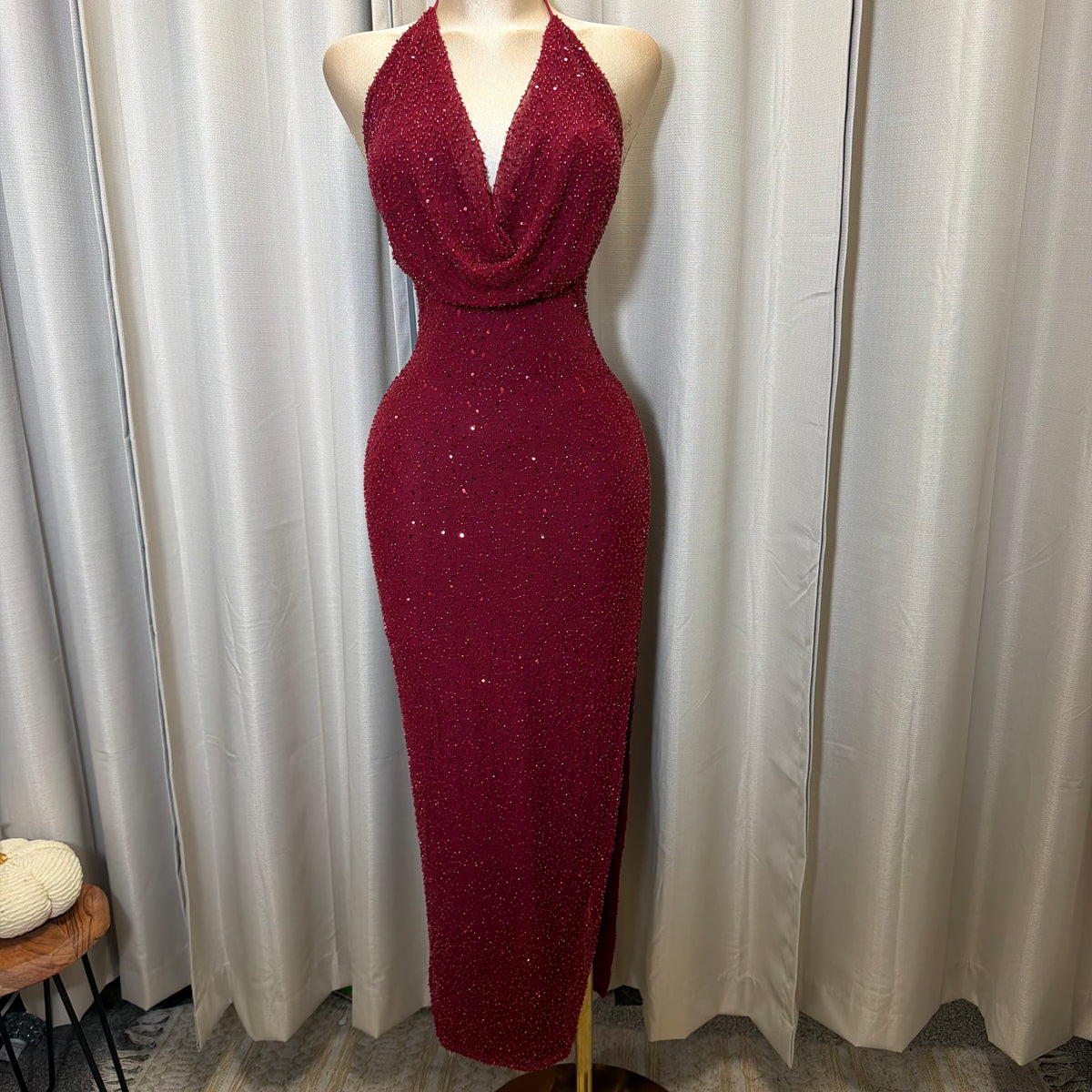 Bead cowl Maxi Dress-Burgundy