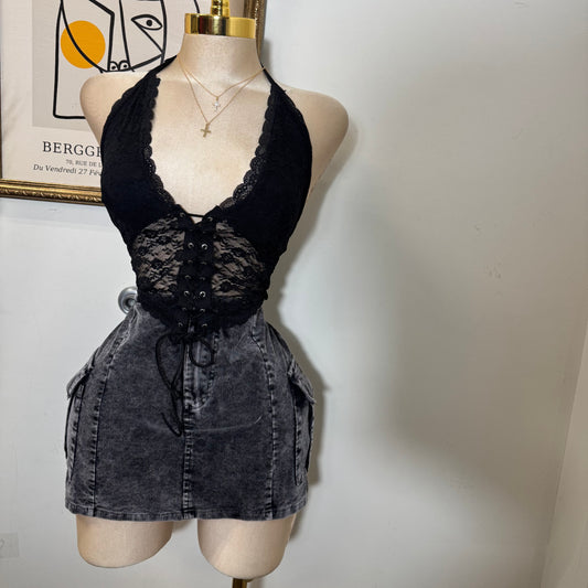 Lace Vencha w Front Lace Up Halter Top -Black