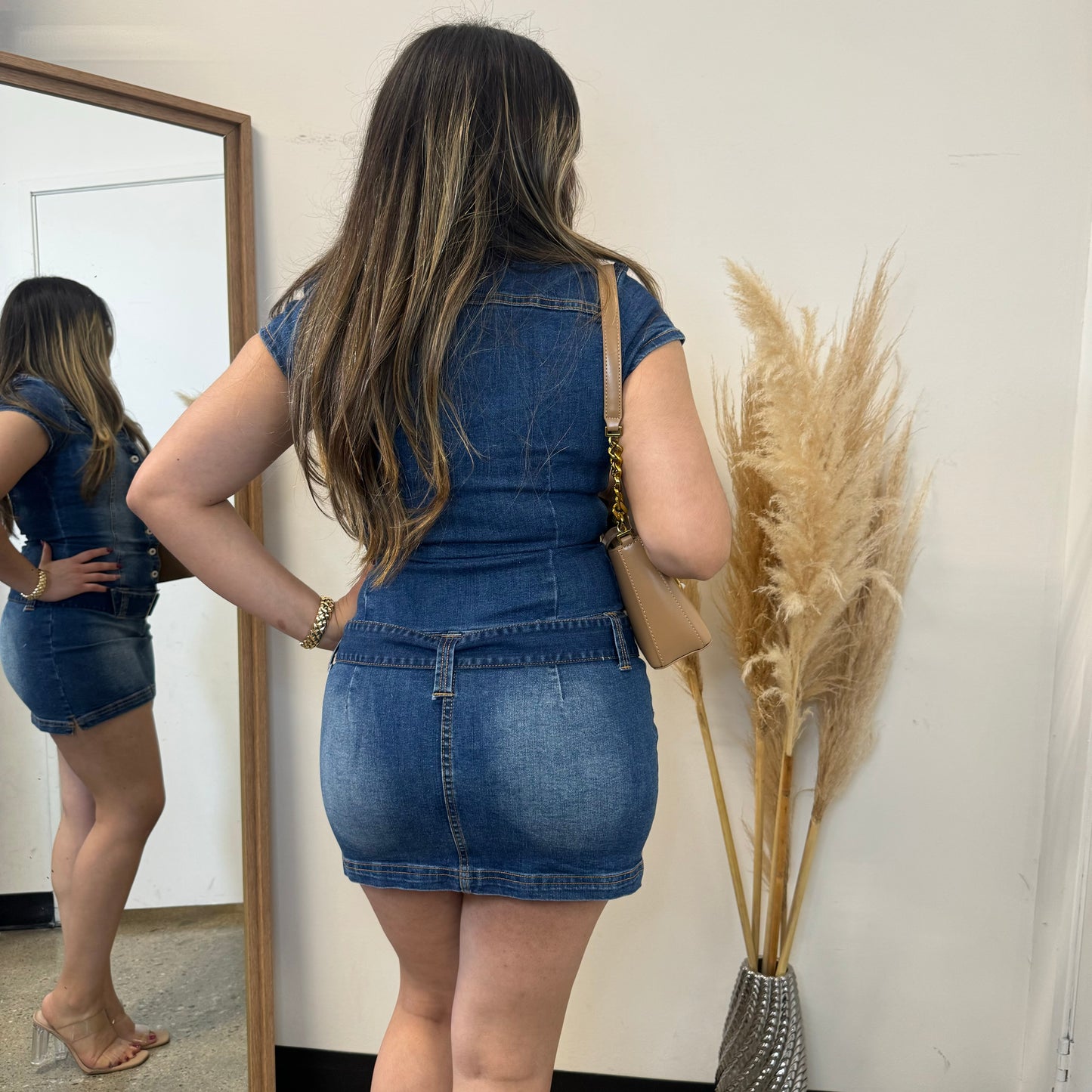 Denim Belt Mini Dress-Dk Blue